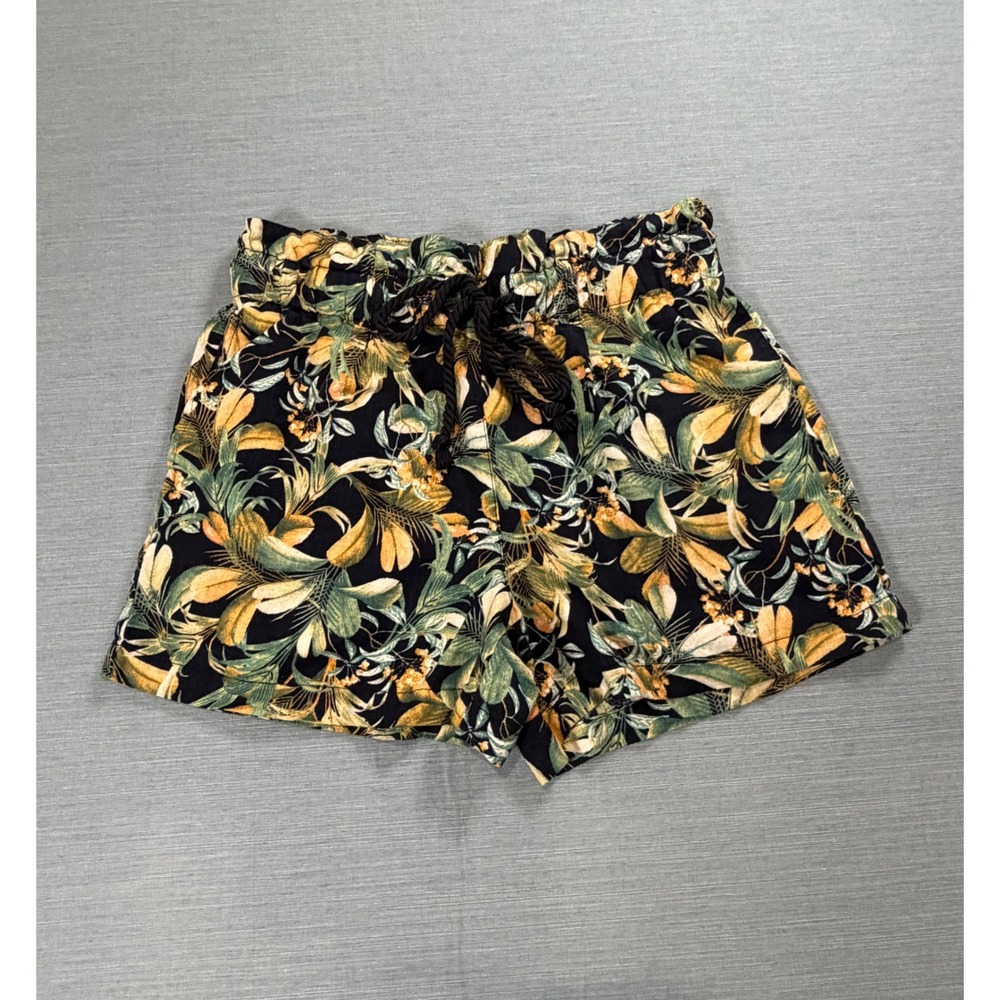 ana A New Approach Shorts Womens M Black Green Floral Linen Blend Paperbag Waist